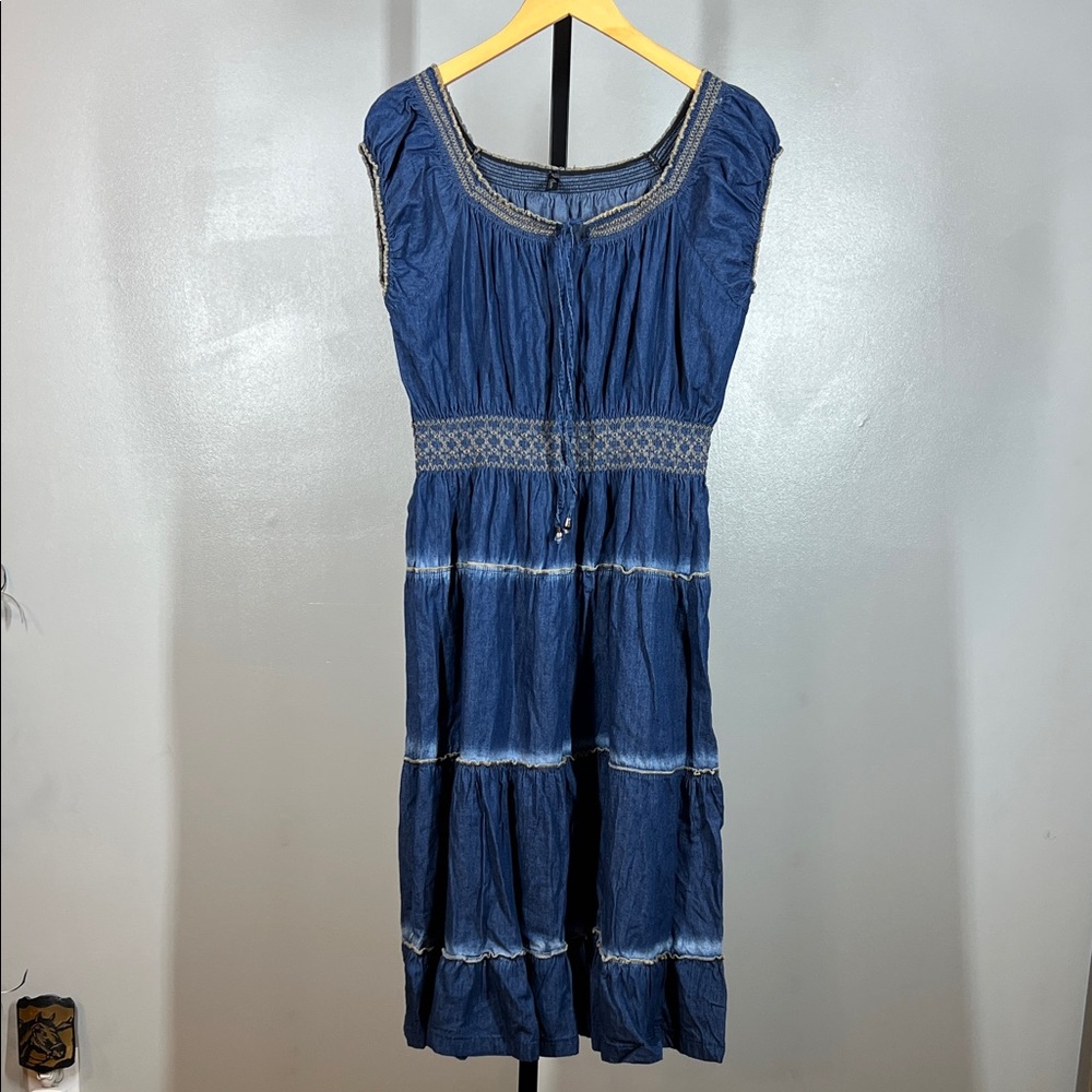 Chic Indigo Midi Dress with Smocked Detail